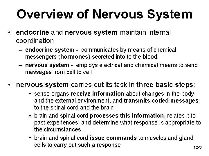 Overview of Nervous System • endocrine and nervous system maintain internal coordination – endocrine