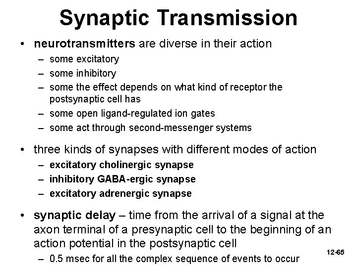 Synaptic Transmission • neurotransmitters are diverse in their action – some excitatory – some