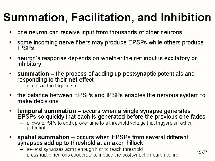Summation, Facilitation, and Inhibition • one neuron can receive input from thousands of other