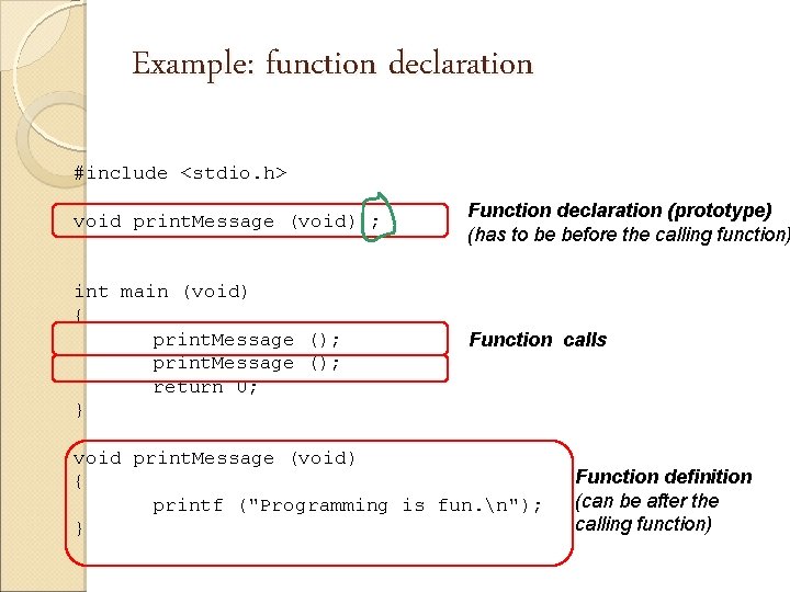 Example: function declaration #include <stdio. h> void print. Message (void) ; int main (void)