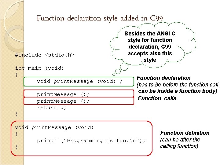 Function declaration style added in C 99 #include <stdio. h> int main (void) {