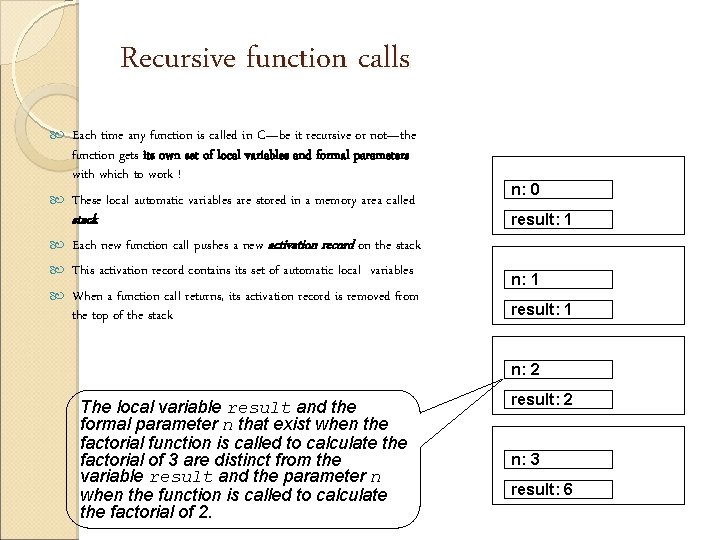 Recursive function calls Each time any function is called in C—be it recursive or