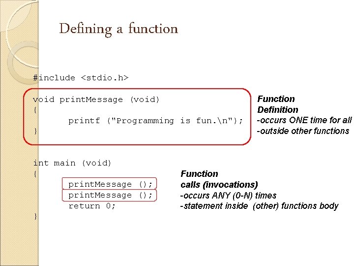 Defining a function #include <stdio. h> void print. Message (void) { printf ("Programming is