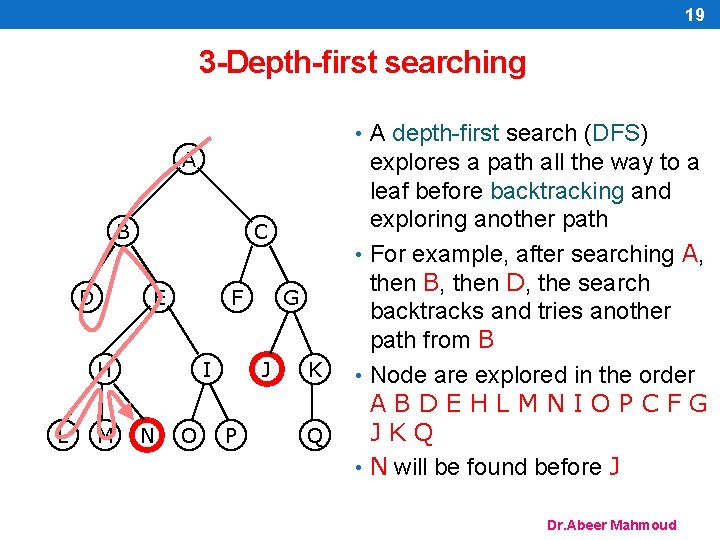 19 3 -Depth-first searching • A depth-first search (DFS) A B D C E