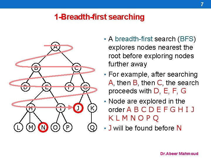 7 1 -Breadth-first searching • A breadth-first search (BFS) A B D C E