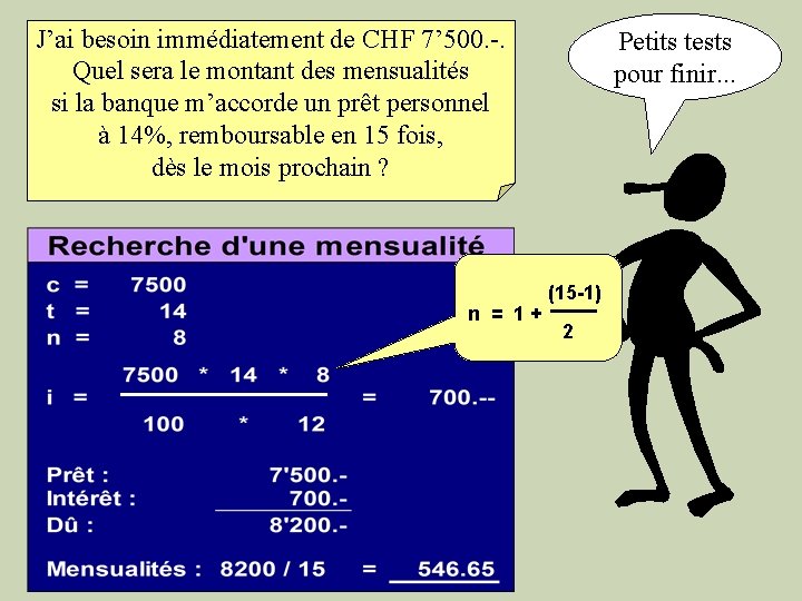 J’ai besoin immédiatement de CHF 7’ 500. -. Quel sera le montant des mensualités