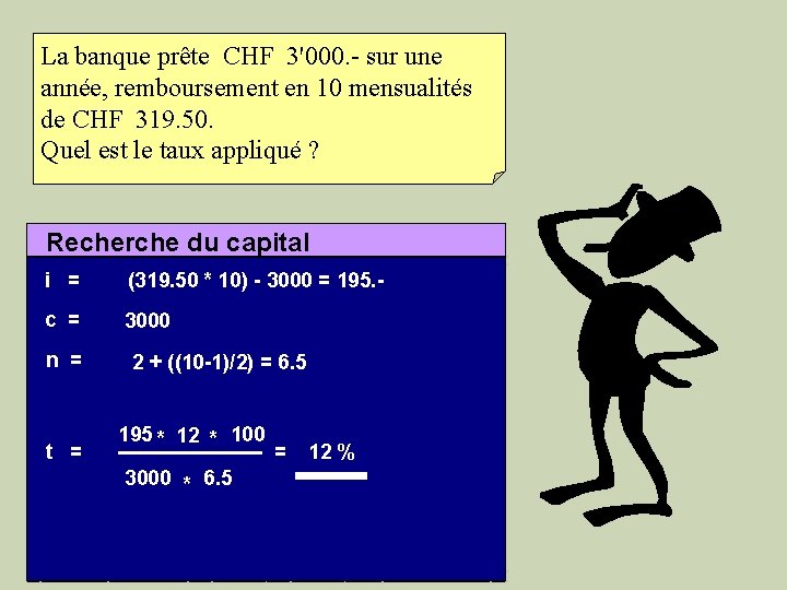 La banque prête CHF 3'000. - sur une année, remboursement en 10 mensualités de