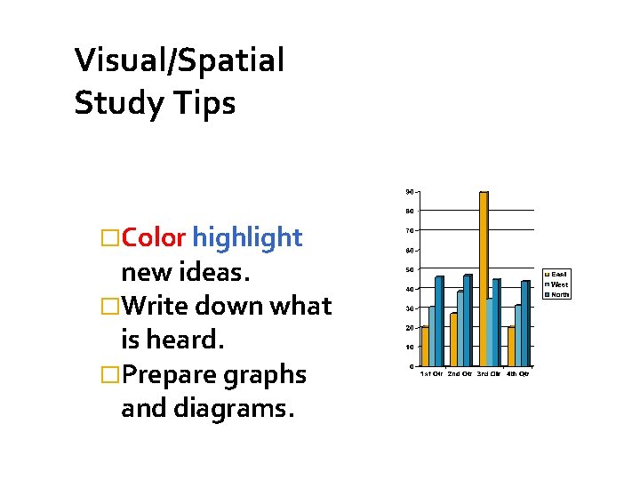 Visual/Spatial Study Tips �Color highlight new ideas. �Write down what is heard. �Prepare graphs