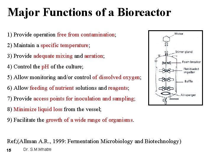Major Functions of a Bioreactor 1) Provide operation free from contamination; 2) Maintain a
