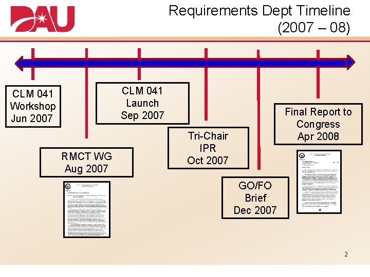 Requirements Dept Timeline (2007 – 08) CLM 041 Launch Sep 2007 CLM 041 Workshop