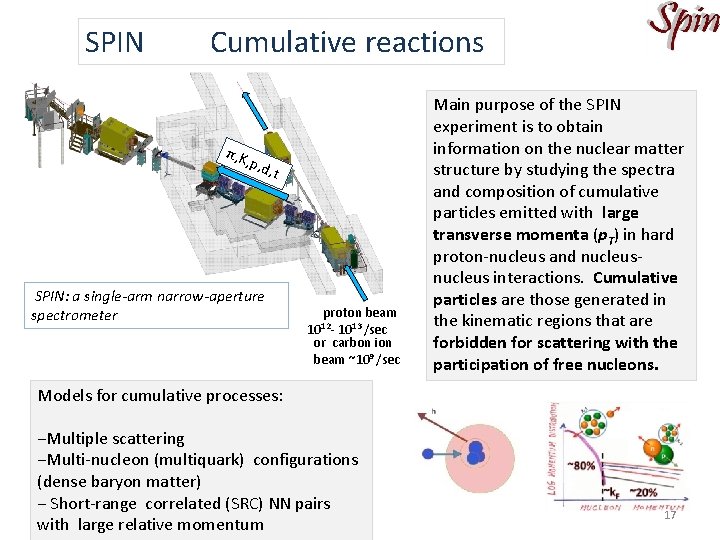 SPIN Cumulative reactions π, K , p, d , t SPIN: a single-arm narrow-aperture