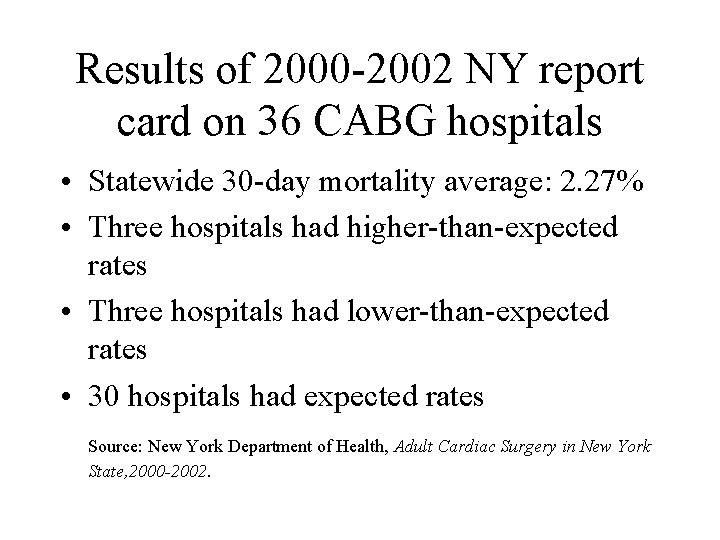 Results of 2000 -2002 NY report card on 36 CABG hospitals • Statewide 30