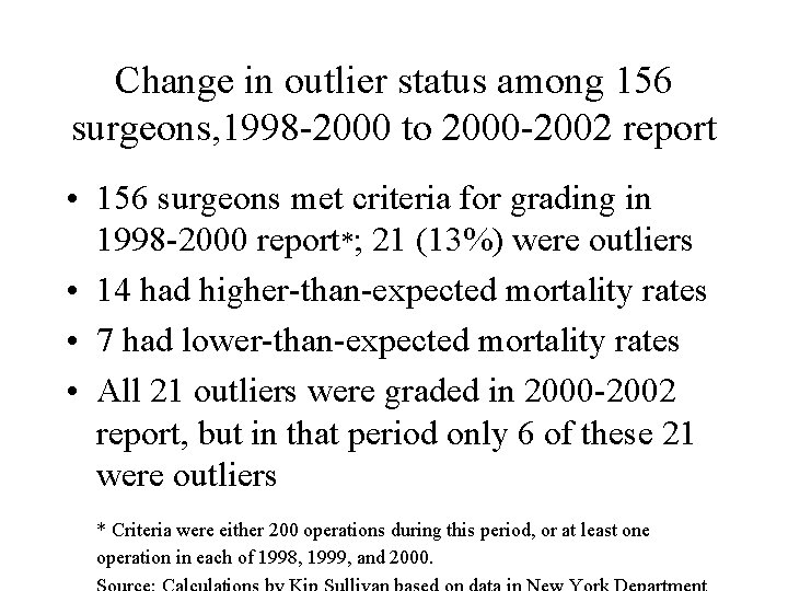 Change in outlier status among 156 surgeons, 1998 -2000 to 2000 -2002 report •