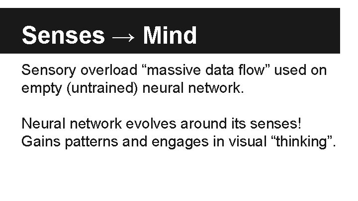 Senses → Mind Sensory overload “massive data flow” used on empty (untrained) neural network.