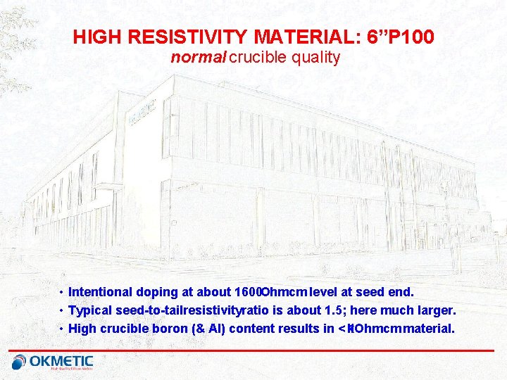 HIGH RESISTIVITY MATERIAL: 6”P 100 normal crucible quality • Intentional doping at about 1600