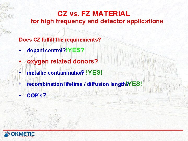 CZ vs. FZ MATERIAL for high frequency and detector applications Does CZ fulfill the