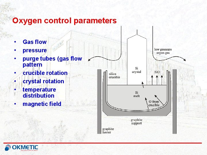 Oxygen control parameters • • Gas flow pressure purge tubes (gas flow pattern crucible