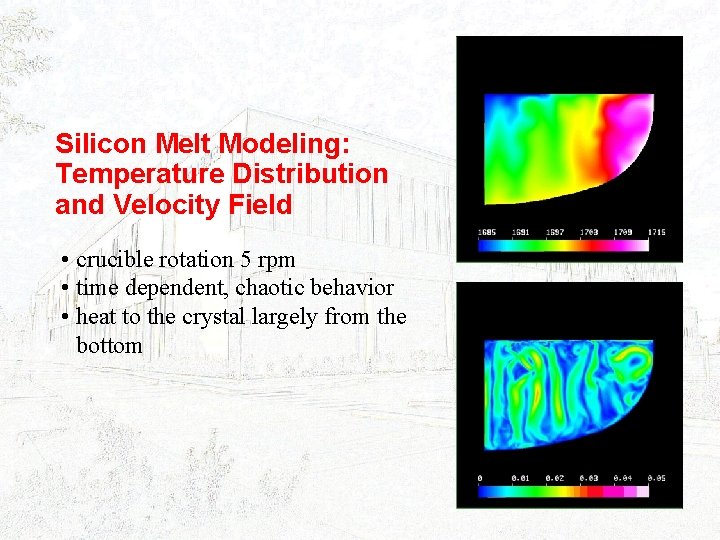 Silicon Melt Modeling: Temperature Distribution and Velocity Field • crucible rotation 5 rpm •