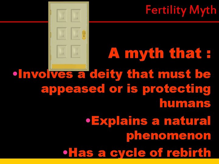 Fertility Myth A myth that : • Involves a deity that must be appeased Fertility Myth A myth that : • Involves a deity that must be appeased
