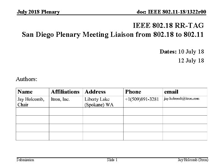 July 2018 Plenary doc: IEEE 802. 11 -18/1322 r 00 IEEE 802. 18 RR-TAG