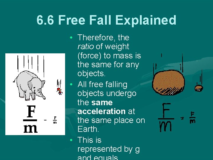 6. 6 Free Fall Explained • Therefore, the ratio of weight (force) to mass