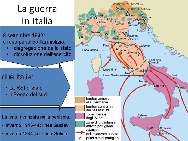 La guerra in Italia 8 settembre 1943: è reso pubblico l’armistizio: • disgregazione dello