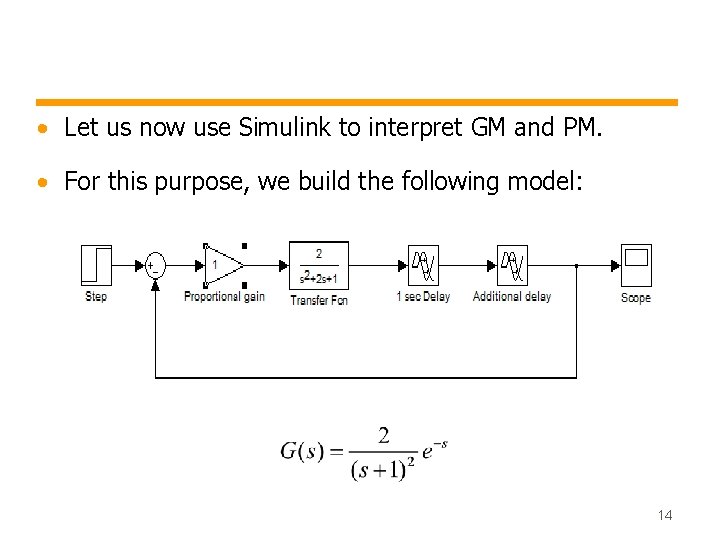  • Let us now use Simulink to interpret GM and PM. • For