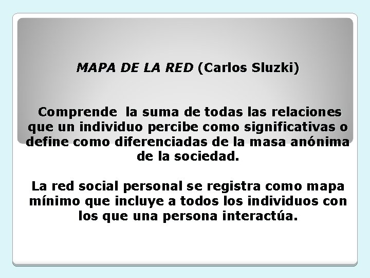 MAPA DE LA RED (Carlos Sluzki) Comprende la suma de todas las relaciones que