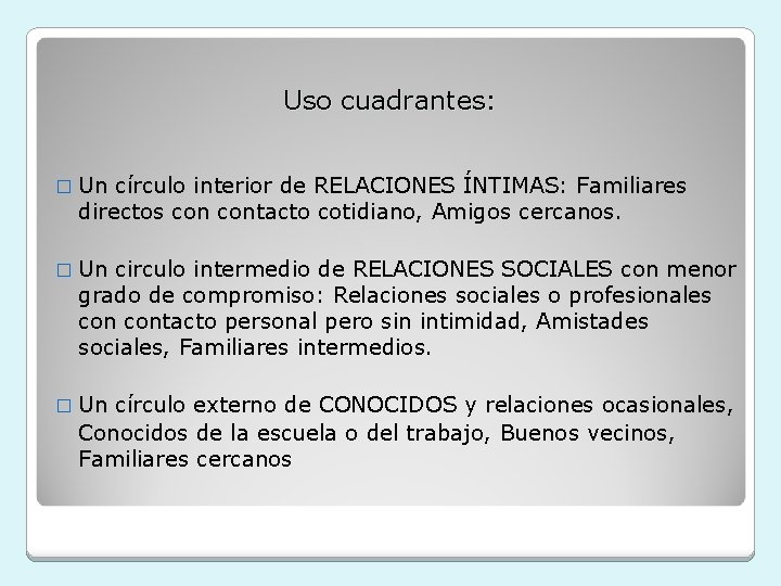 Uso cuadrantes: � Un círculo interior de RELACIONES ÍNTIMAS: Familiares directos contacto cotidiano, Amigos