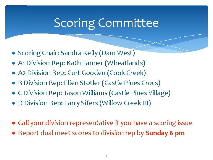 Scoring Committee · · · Scoring Chair: Sandra Kelly (Dam West) A 1 Division