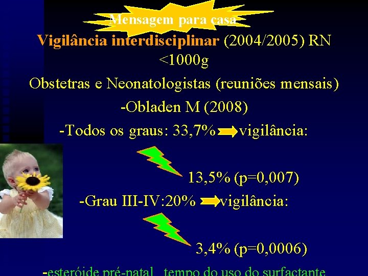 Mensagem para casa Vigilância interdisciplinar (2004/2005) RN <1000 g Obstetras e Neonatologistas (reuniões mensais)