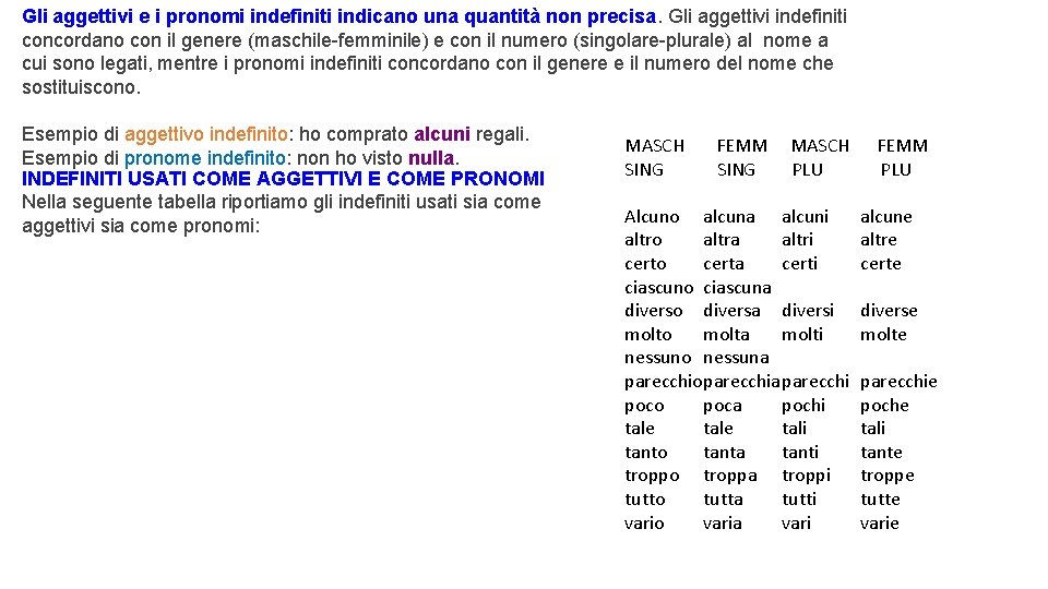 Gli aggettivi e i pronomi indefiniti indicano una quantità non precisa. Gli aggettivi indefiniti