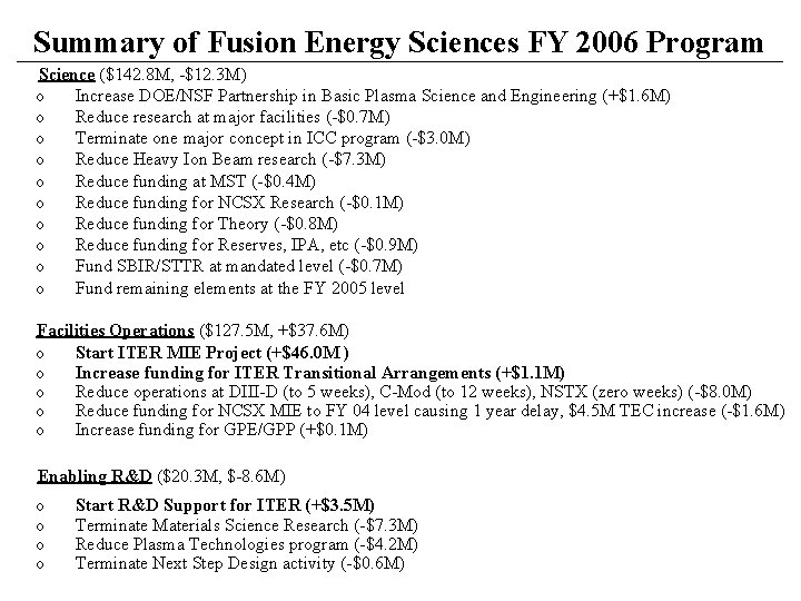 Summary of Fusion Energy Sciences FY 2006 Program Science ($142. 8 M, -$12. 3