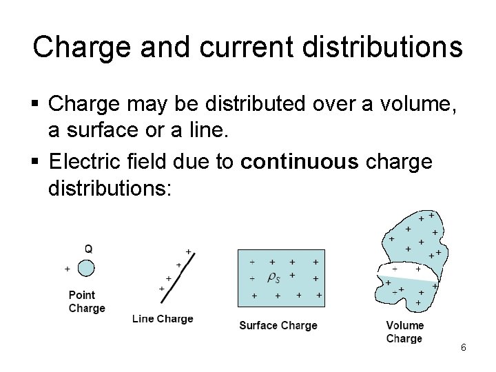 Charge and current distributions § Charge may be distributed over a volume, a surface