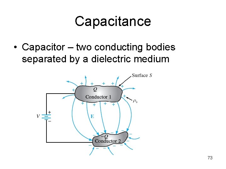 Capacitance • Capacitor – two conducting bodies separated by a dielectric medium 73 