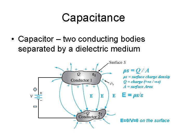 Capacitance • Capacitor – two conducting bodies separated by a dielectric medium ρs =
