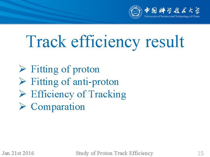 Track efficiency result Ø Ø Fitting of proton Fitting of anti-proton Efficiency of Tracking