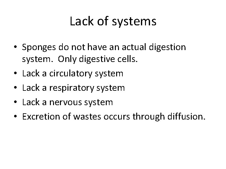 Lack of systems • Sponges do not have an actual digestion system. Only digestive