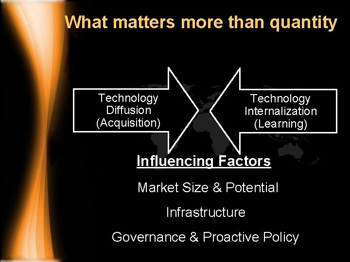What matters more than quantity Technology Diffusion (Acquisition) Technology Internalization (Learning) Influencing Factors Market
