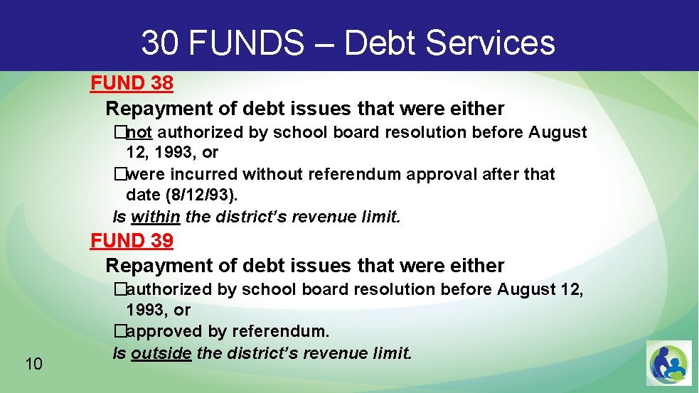 30 FUNDS – Debt Services FUND 38 Repayment of debt issues that were either