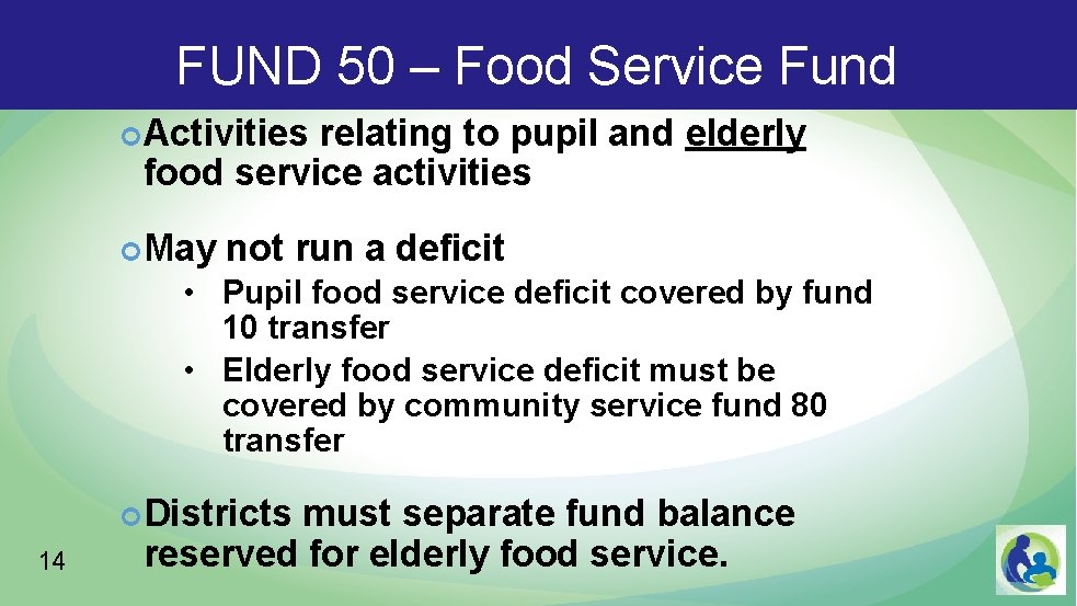 FUND 50 – Food Service Fund Activities relating to pupil and elderly food service