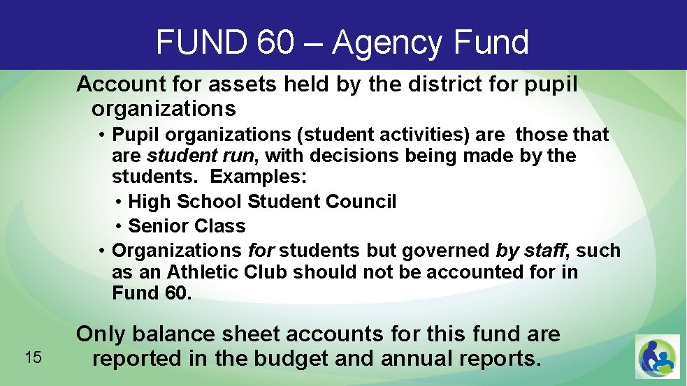 FUND 60 – Agency Fund Account for assets held by the district for pupil