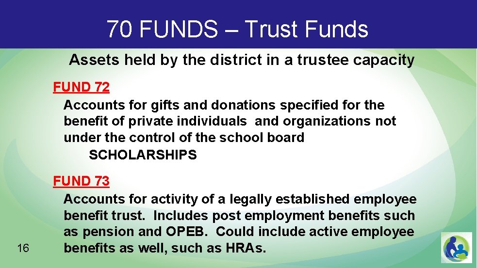 70 FUNDS – Trust Funds Assets held by the district in a trustee capacity