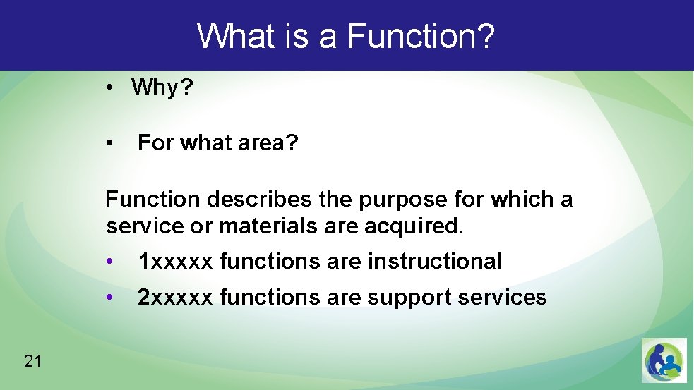 What is a Function? • Why? • For what area? Function describes the purpose