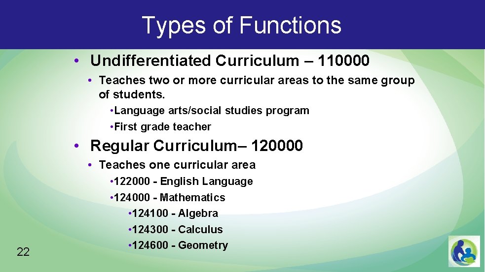 Types of Functions • Undifferentiated Curriculum – 110000 • Teaches two or more curricular
