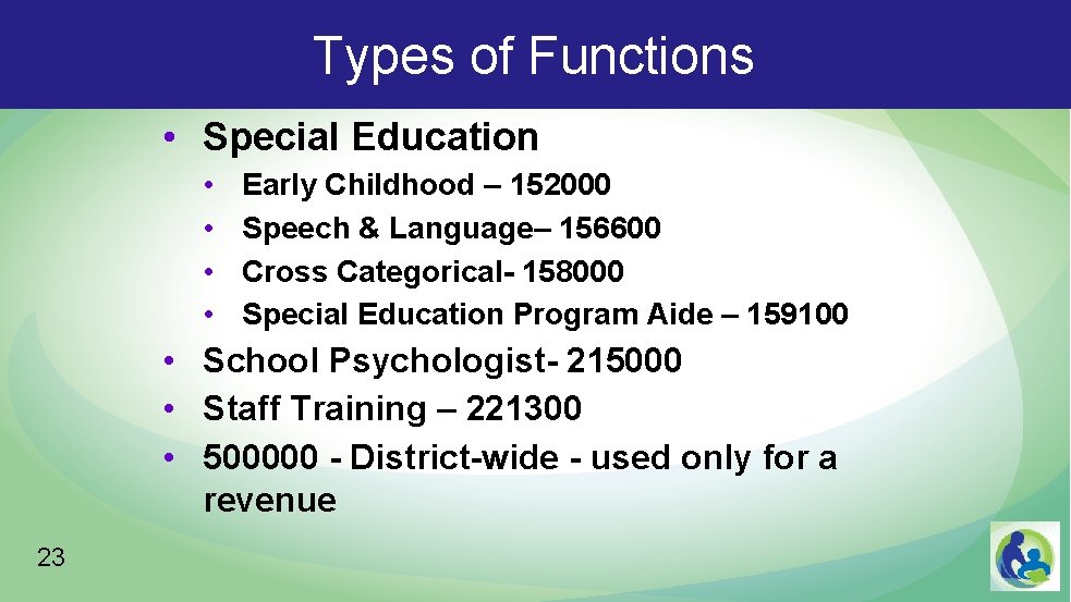 Types of Functions • Special Education • • Early Childhood – 152000 Speech &