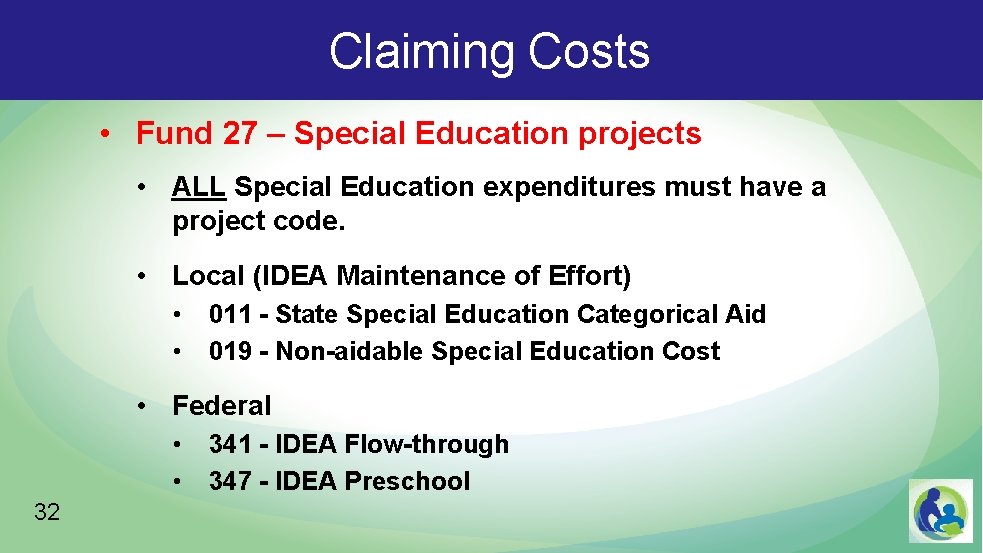 Claiming Costs • Fund 27 – Special Education projects • ALL Special Education expenditures