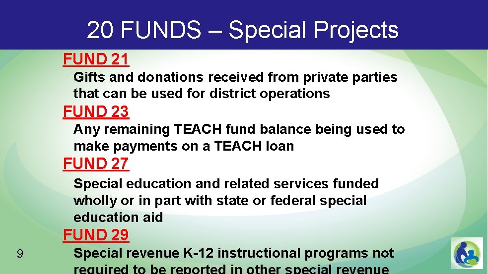 20 FUNDS – Special Projects FUND 21 Gifts and donations received from private parties
