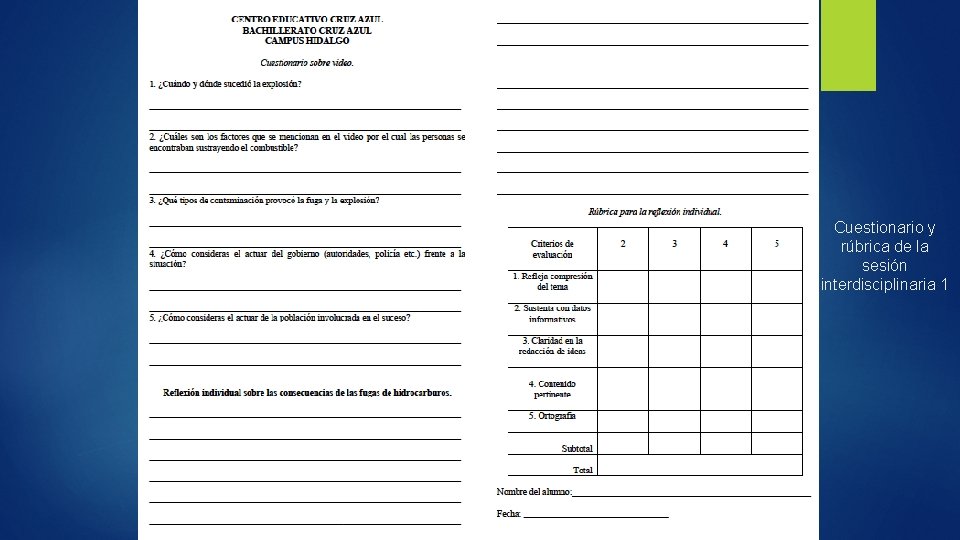 Cuestionario y rúbrica de la sesión interdisciplinaria 1 