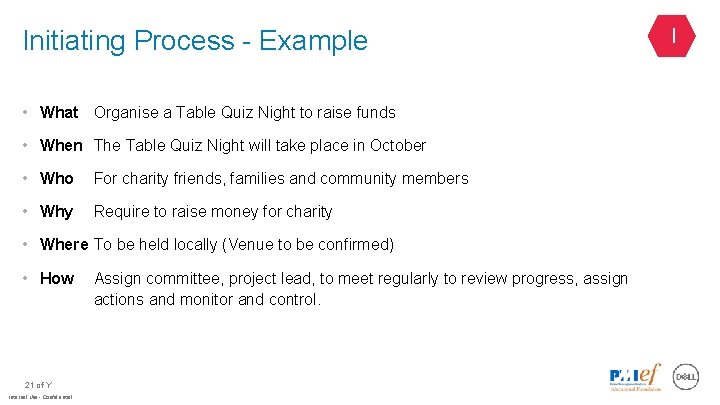 Initiating Process - Example • What Organise a Table Quiz Night to raise funds